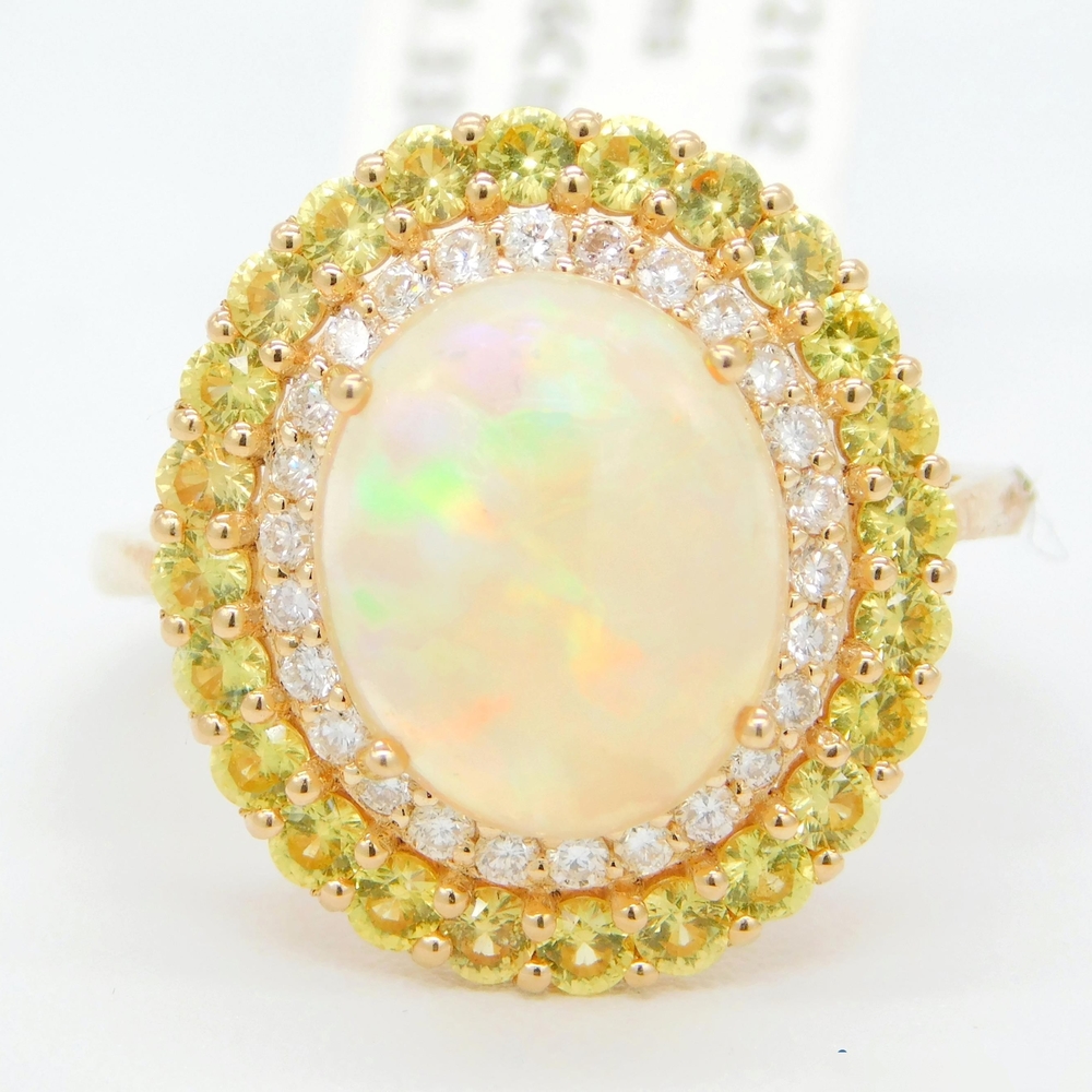 14k Yellow Gold Opal, Diamond & Yellow Sapphire Ring
